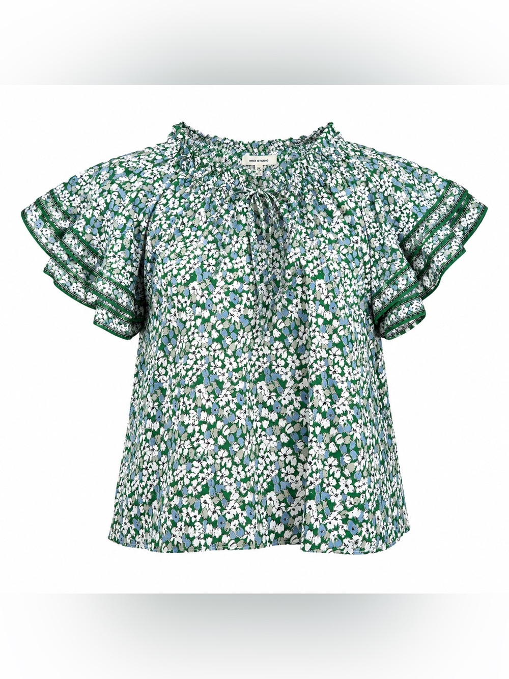 Max Studio Green White Floral Tie-Front Ruffle Sleeve Blouse